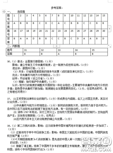 2018-2019学年江苏省江阴四校高一上学期期中考试历史试题答案