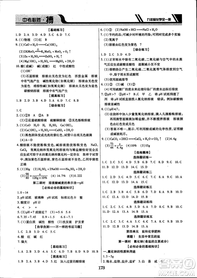 2018年中考必胜搏九年级化学RJY版全一册参考答案