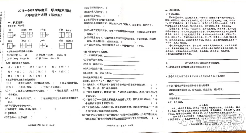 武汉洪山区2018-2019学年度第一学期期末测试六年级语文试题答案