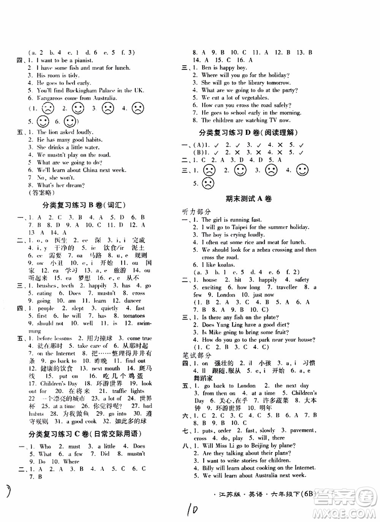 江苏密卷2019年六年级下册英语译林版江苏版参考答案