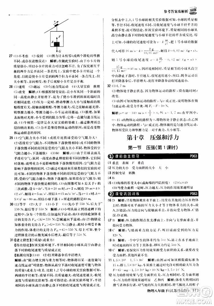 江苏科技版银版2019春1+1轻巧夺冠优化训练八年级下册物理参考答案