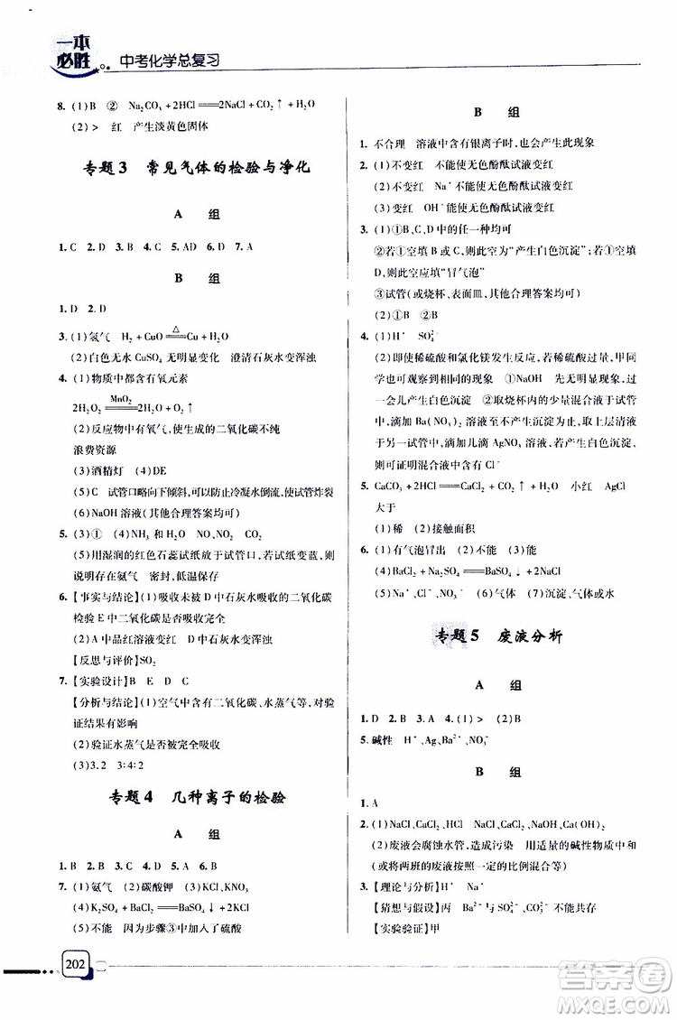 2019新版一本必胜中考化学金版青岛专版参考答案