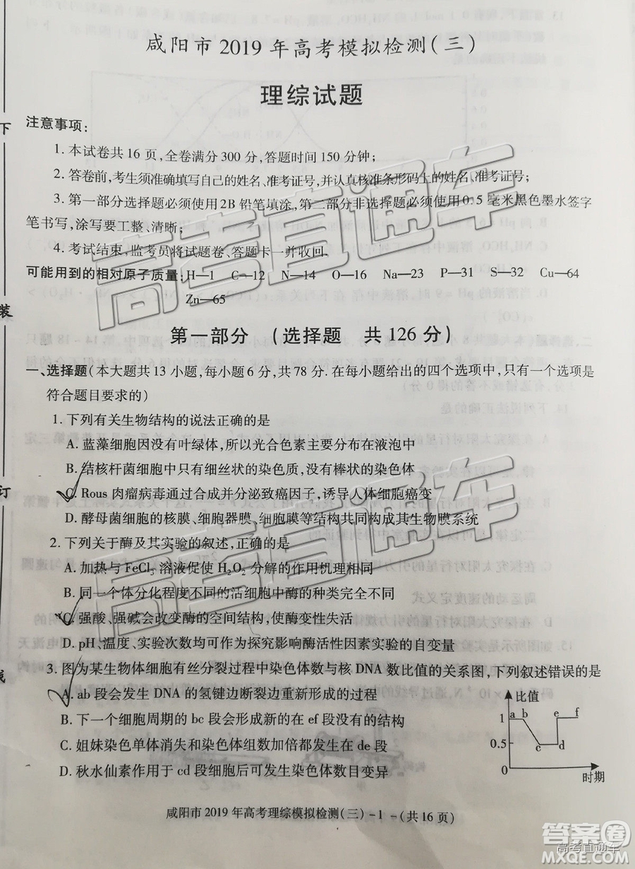 2019年高三咸阳三模文理综试题及参考答案