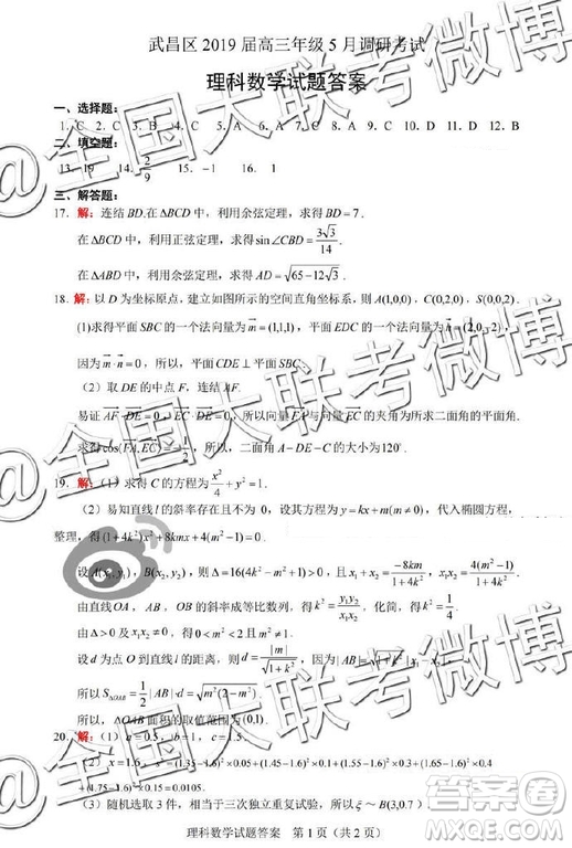 2019年武汉五月第二次调研考试理科数学数试题及答案