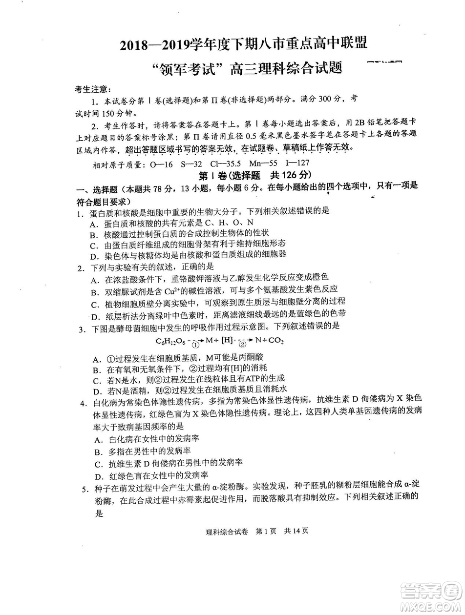 2019年河南省八市重点高中联盟领军考试第五次测评文理综试题及答案