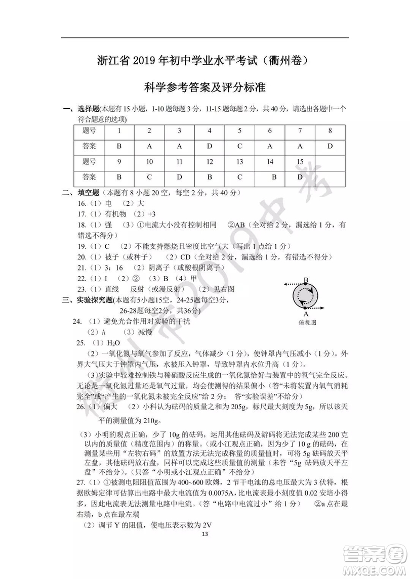 2019年衢州中考真题科学标准答案
