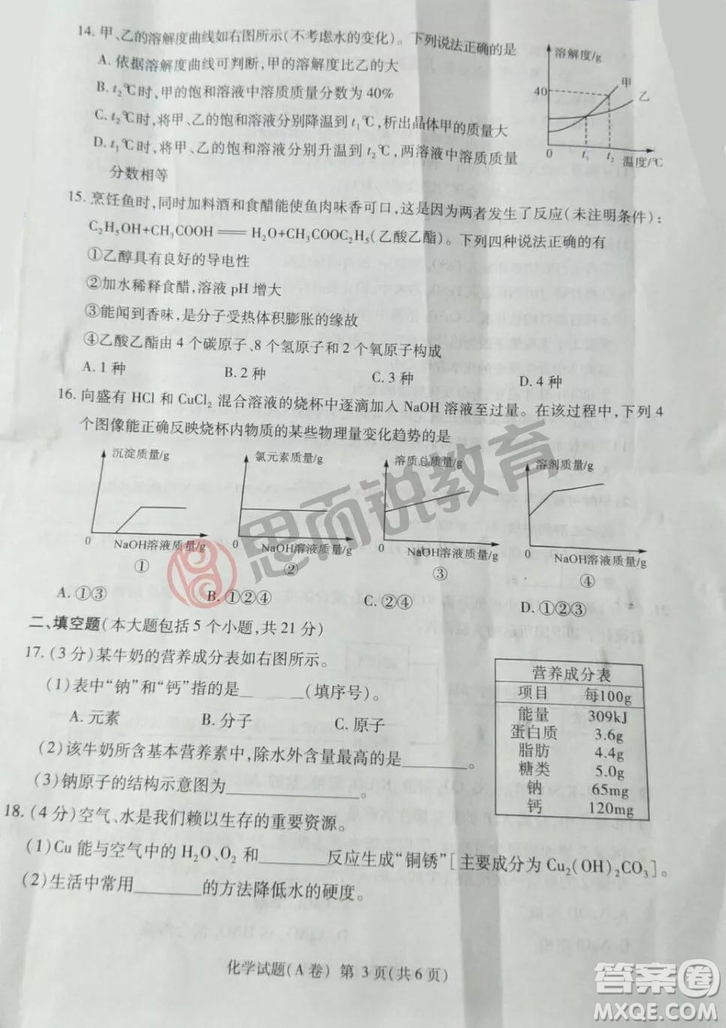 2019重庆市中考化学A、B卷试题及答案解析