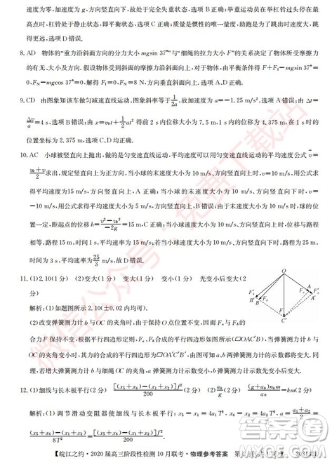 皖江之约2020届高三阶段性检测10月联考物理答案
