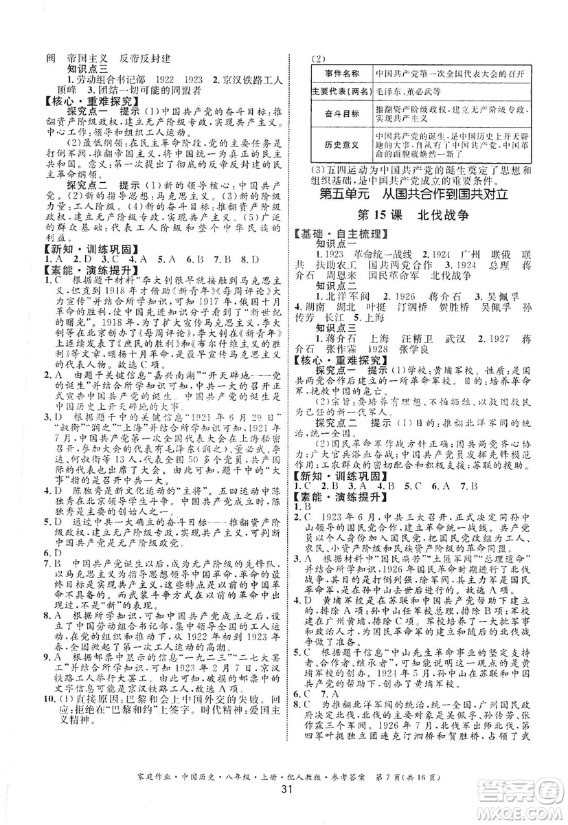 贵州教育出版社2019家庭作业八年级中国历史上册人教版答案