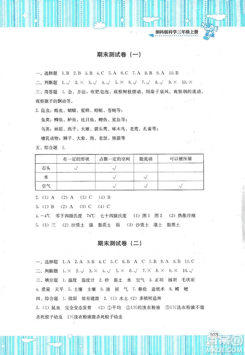 湖南少年儿童出版社2019课程基础训练三年级上册科学湘科版答案
