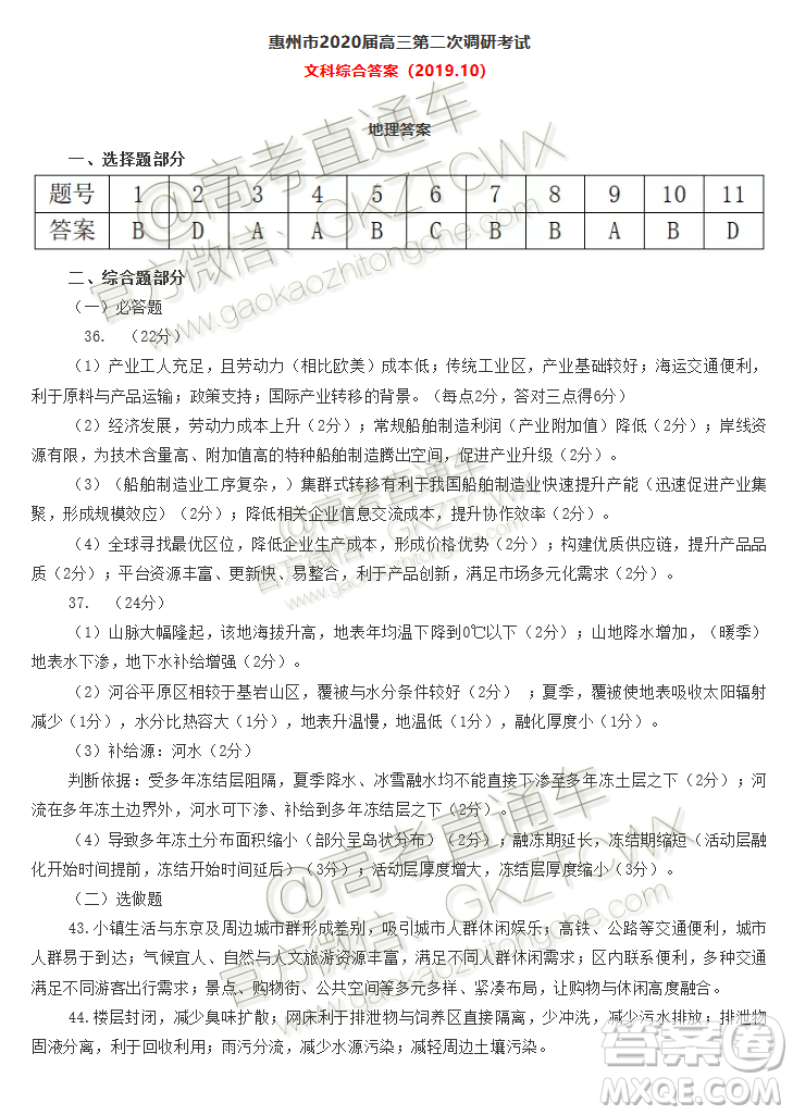 2020届惠州二调文科综合试题及参考答案