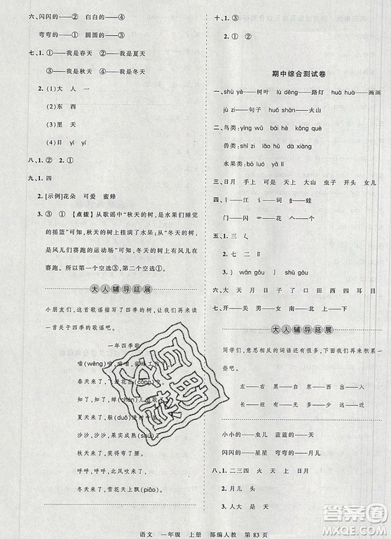 江西人民出版社2019年王朝霞考点梳理时习卷一年级语文上册人教版答案
