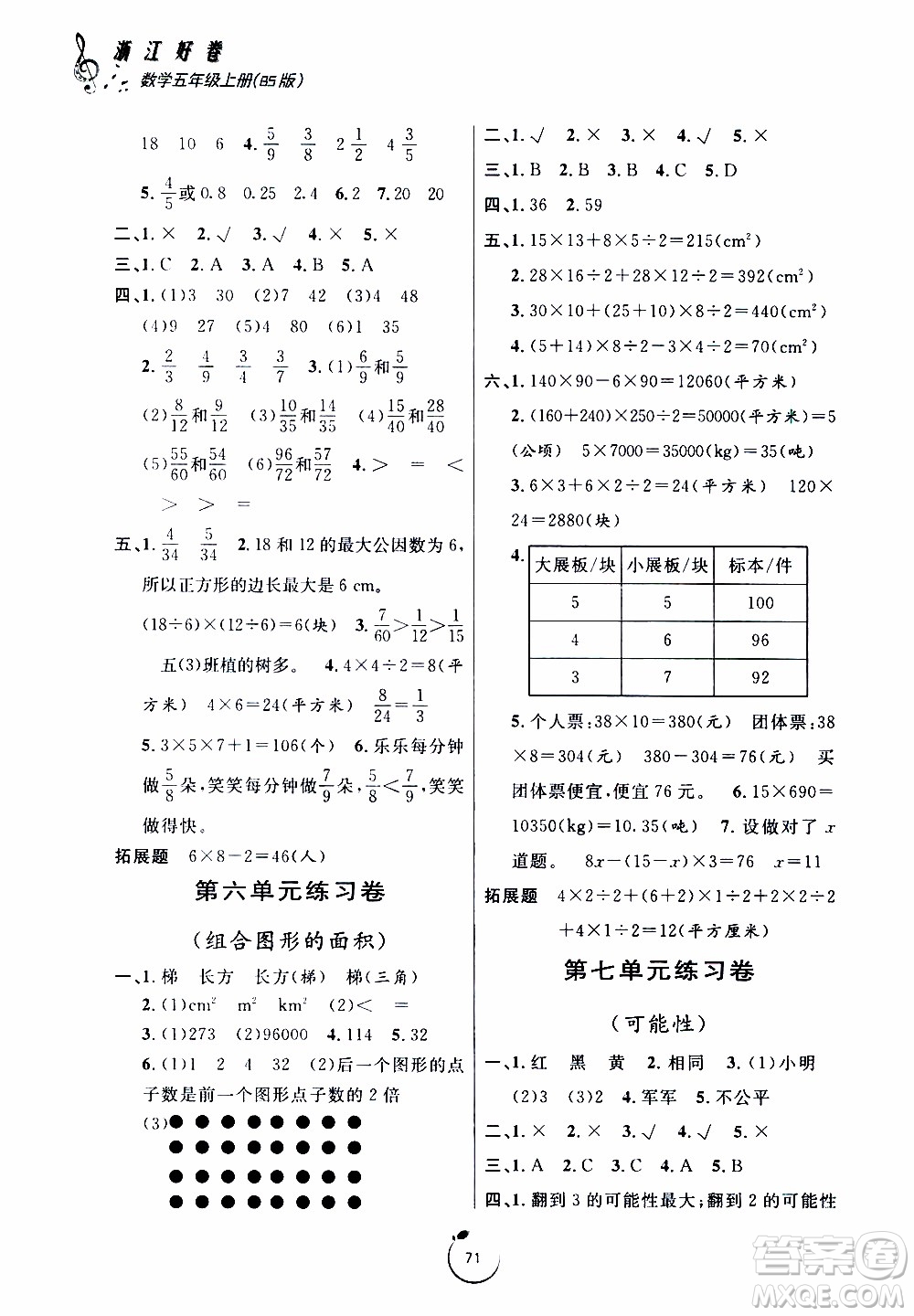 宁波出版社2019年浙江好卷数学五年级上册BS版北师版参考答案