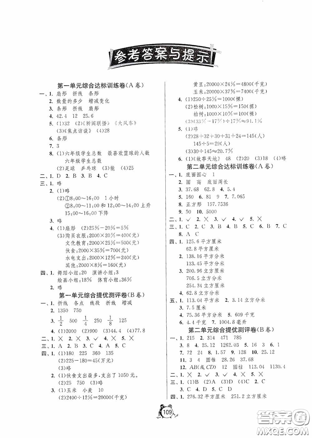 江苏人民出版社2020提优名卷六年级数学下册苏教版答案