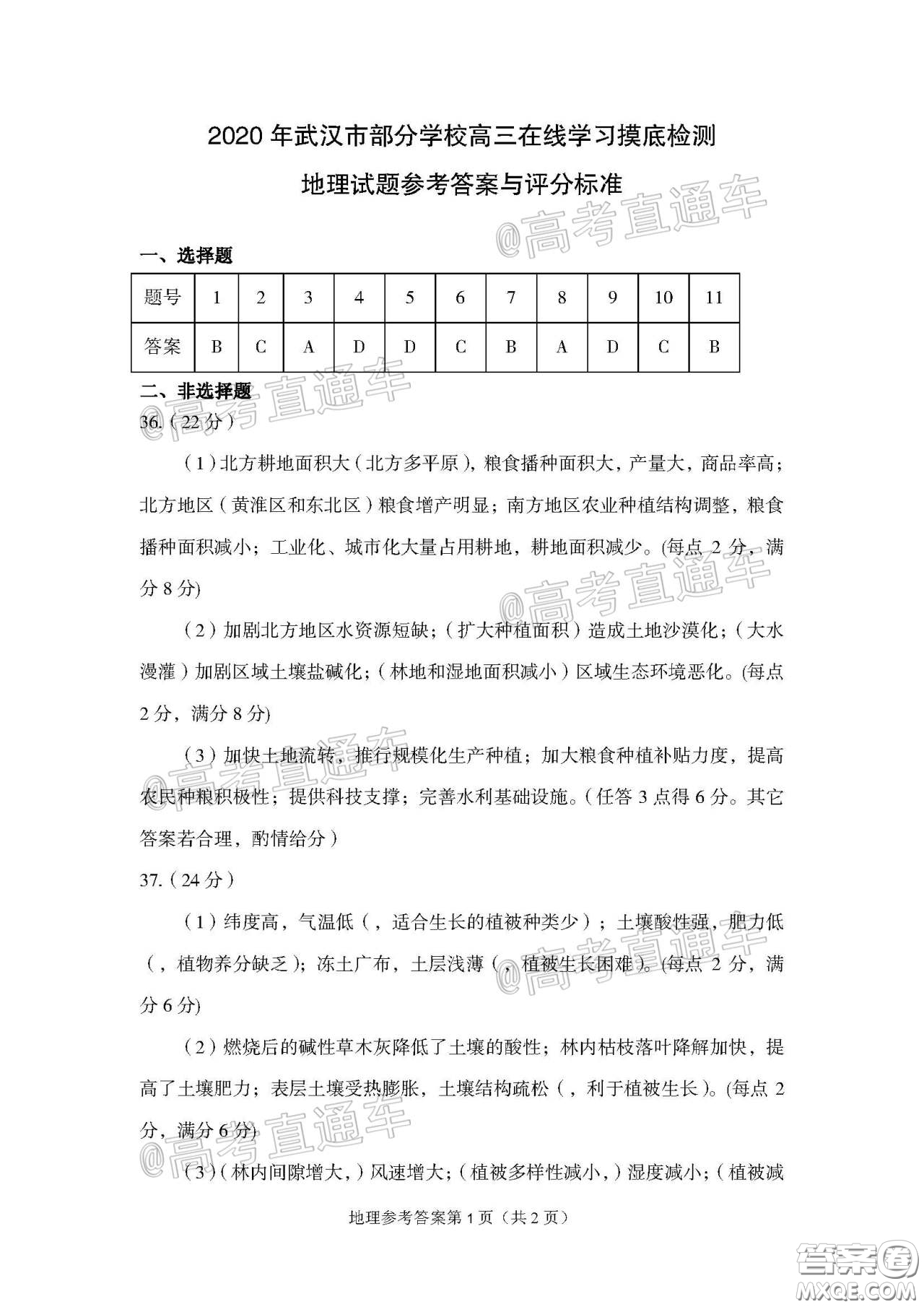 2020年武汉市部分学校高三在线学习摸底检测文科综合试题及答案