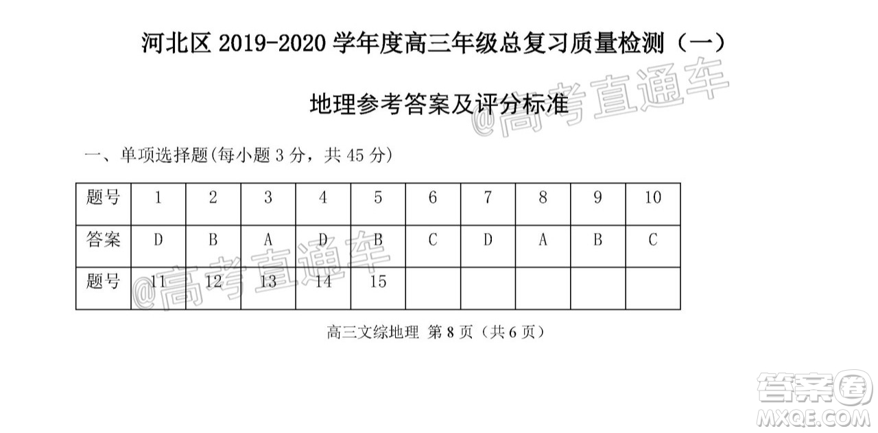 天津市河北区2019-2020学年度高三年级总复习质量检测一地理试题及答案