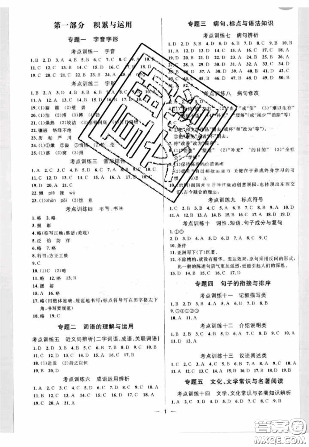 阳光出版社2020正大图书中考真题分类卷初中语文全一册答案