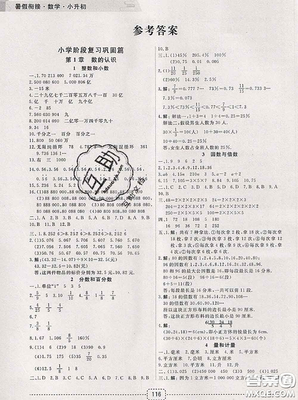 宁波出版社2020新版名师派暑假衔接小升初数学答案