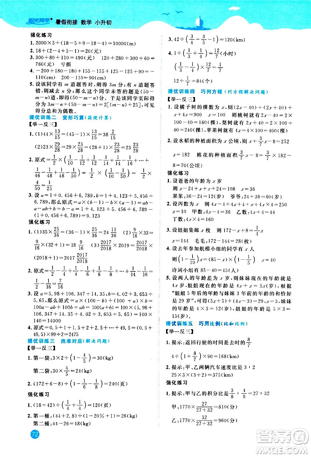 江西教育出版社2020年阳光同学暑假衔接小升初数学人教版参考答案