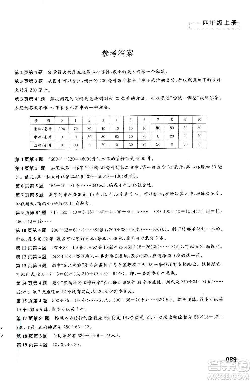 江苏凤凰教育出版社2020年练习与测试小学数学四年级上册苏教版答案