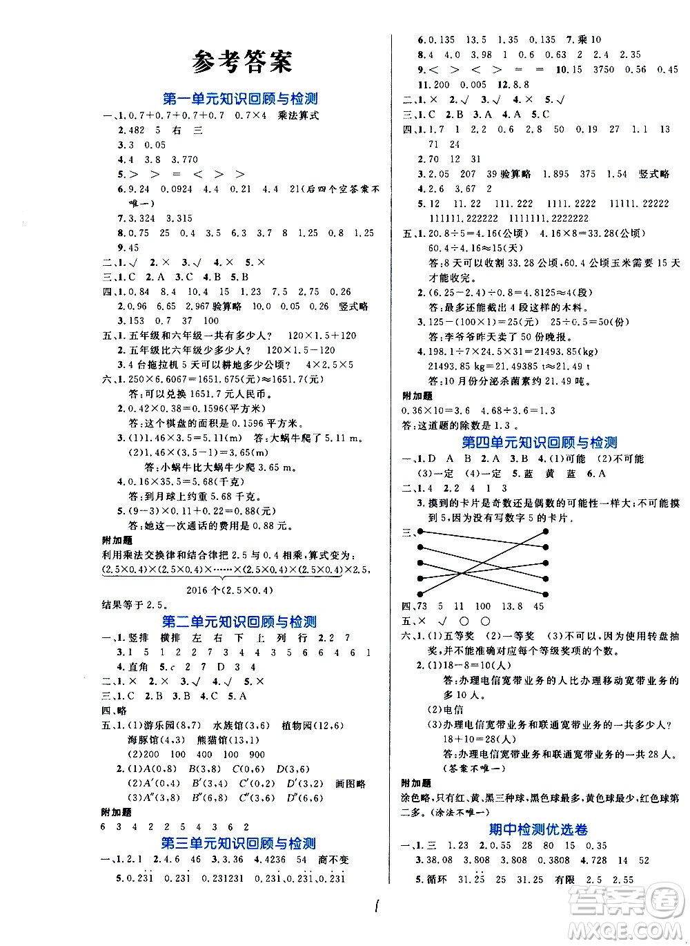 沈阳出版社2020年黄冈名卷数学五年级上册RJ人教版答案