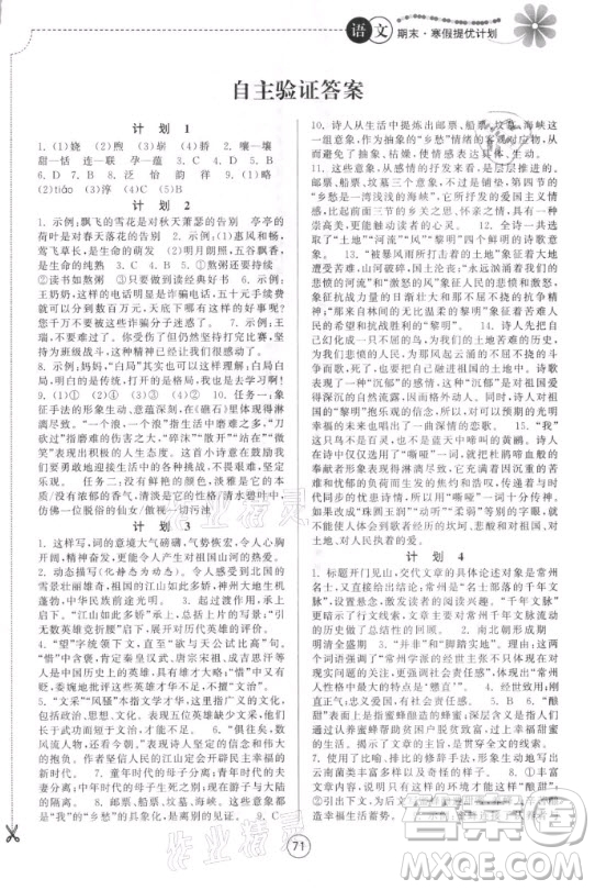南京大学出版社2021期末寒假提优计划语文九年级人教版答案