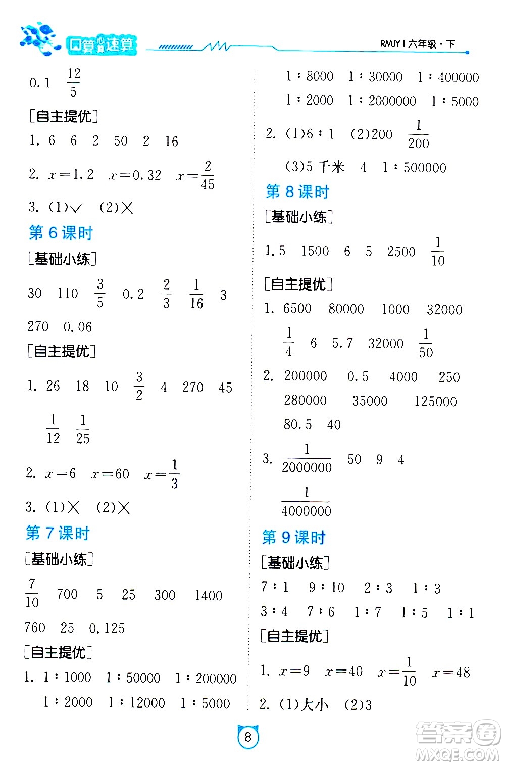江苏人民出版社2021小学数学口算速算提优练习册六年级下册人教版答案
