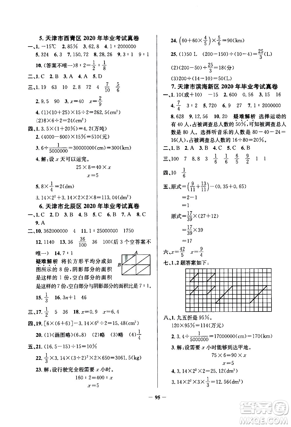 陕西人民教育出版社2021年真题圈天津市小学考试真卷三步练数学六年级下册答案