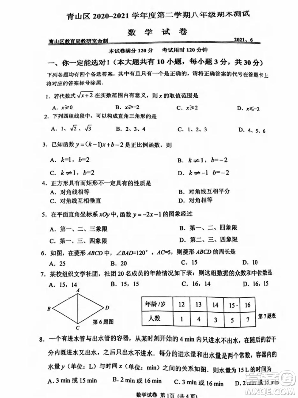 武汉市青山区2020-2021年度下学期八年级期末考试数学试卷及答案