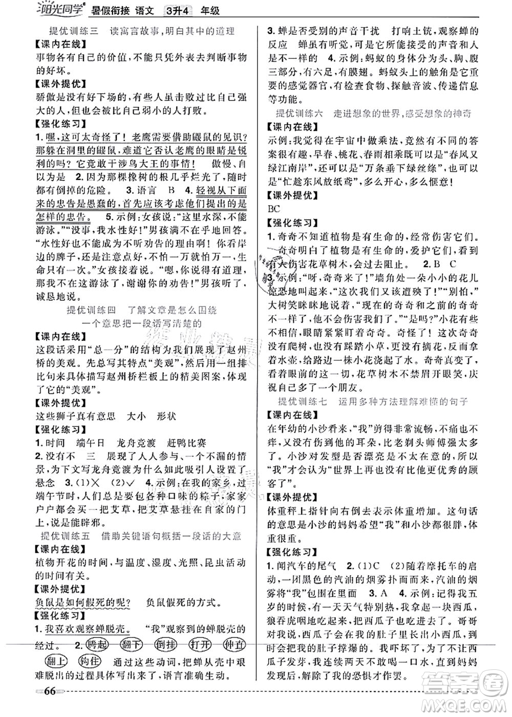 江西教育出版社2021阳光同学暑假衔接3升4年级语文人教版答案