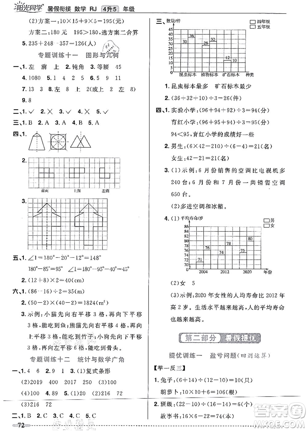 江西教育出版社2021阳光同学暑假衔接4升5年级数学人教版答案