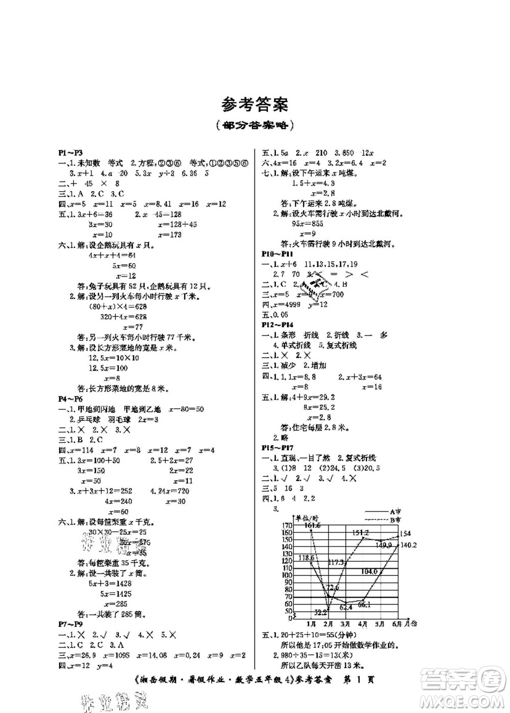 湖南大学出版社2021湘岳假期暑假作业五年级数学第四版苏教版答案