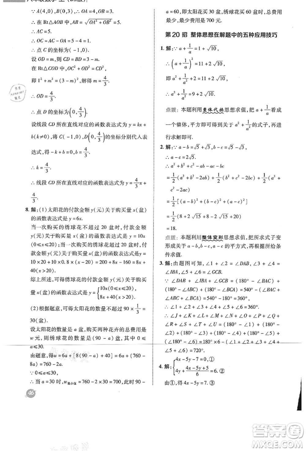 陕西人民教育出版社2021典中点综合应用创新题八年级数学上册BS北师大版答案