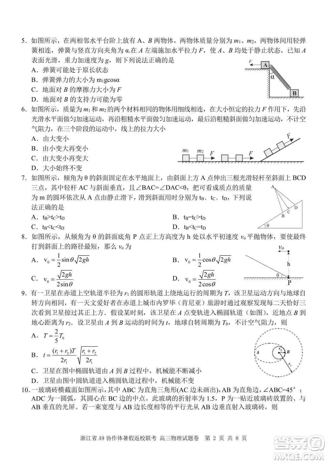 2022届浙江省A9协作体暑假返校联考高三物理试题卷及答案