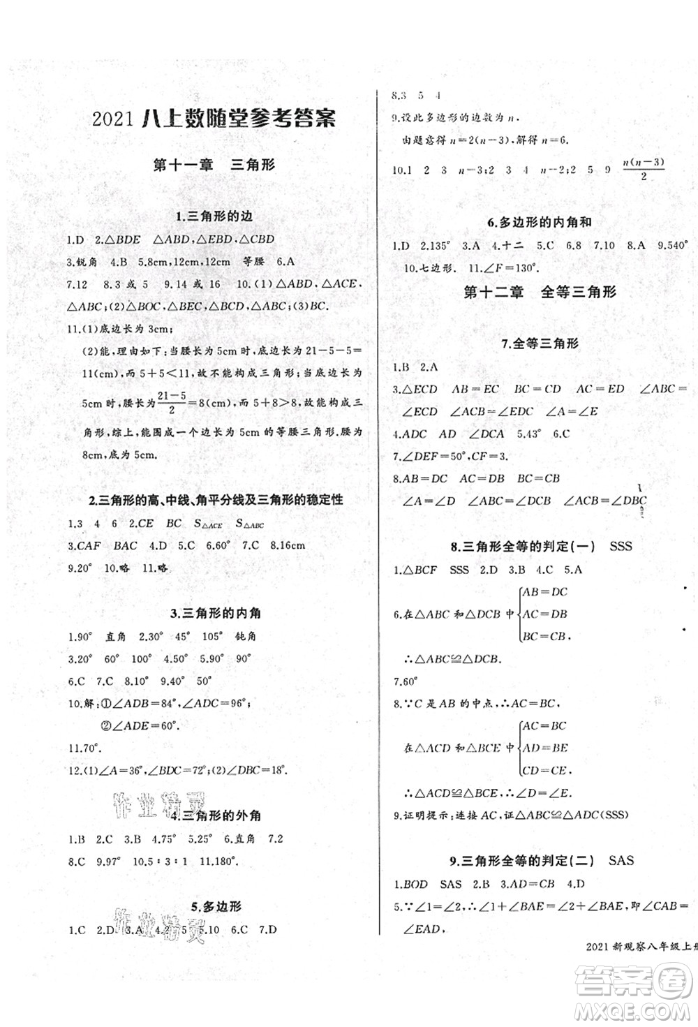 长江少年儿童出版社2021思维新观察八年级数学上册RJ人教版答案