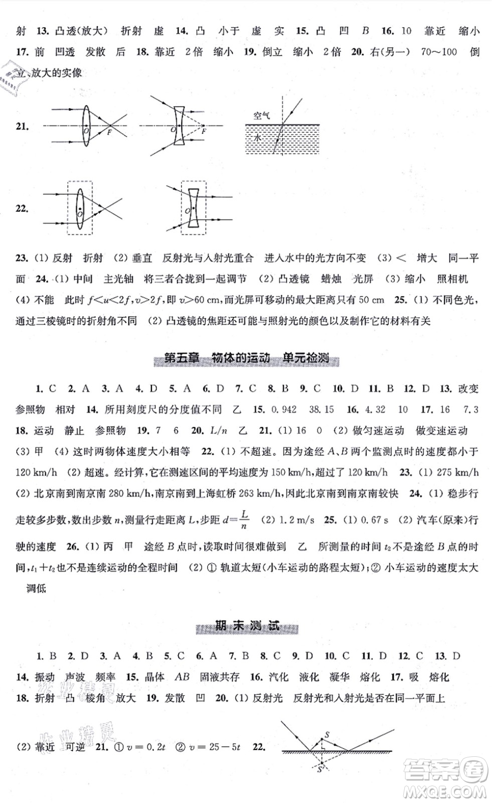 江苏凤凰科学技术出版社2021同步练习物理八年级上册苏科版答案