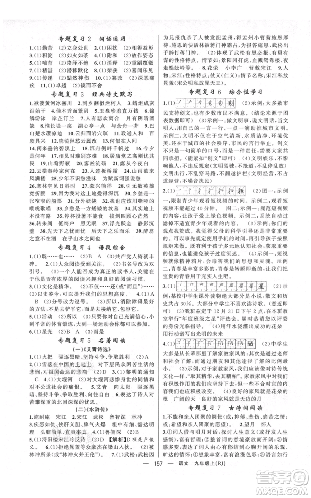 云南美术出版社2021四清导航九年级上册语文人教版陕西专版参考答案