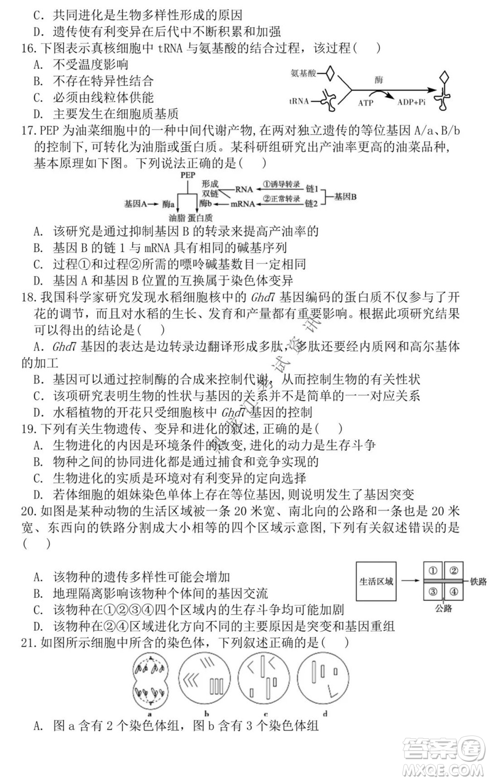 黑龙江2021-2022学年度上学期八校期中联合考试高三生物试题及答案