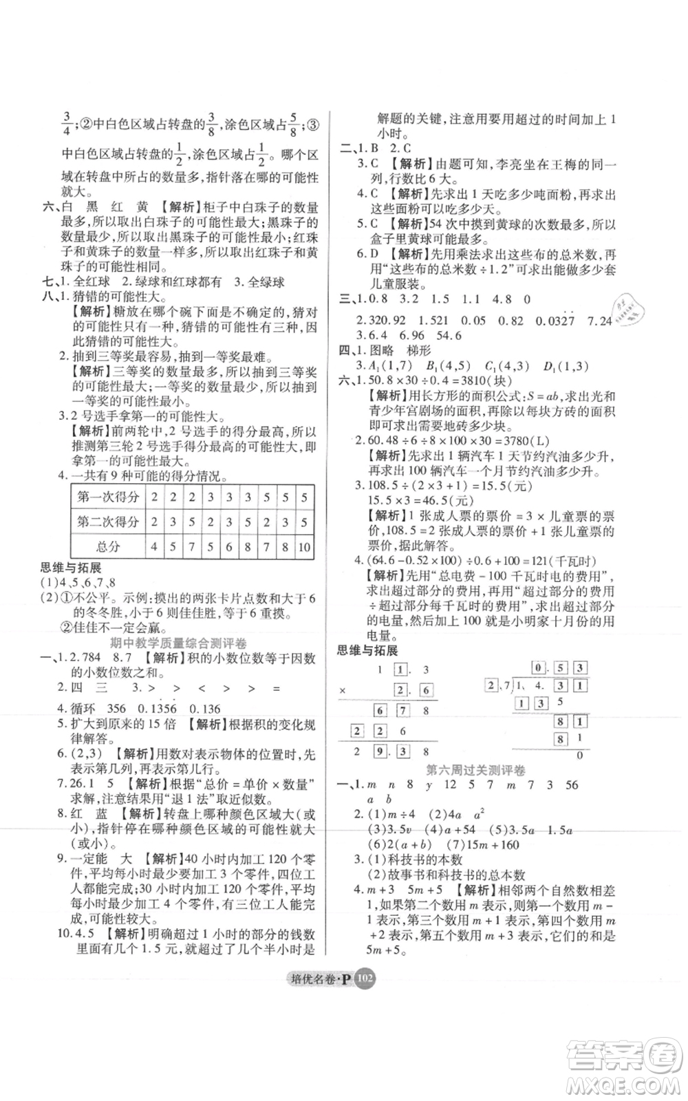 武汉大学出版社2021培优名卷全能卷五年级上册数学A版人教版参考答案