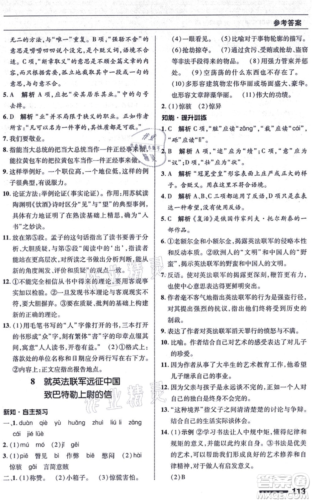 北京师范大学出版社2021语文配套综合练习九年级上册人教版答案