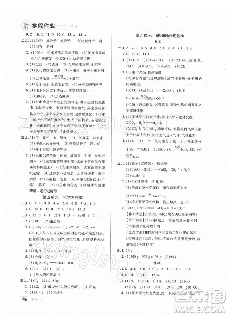 北京教育出版社2022年寒假作业九年级化学通用版参考答案