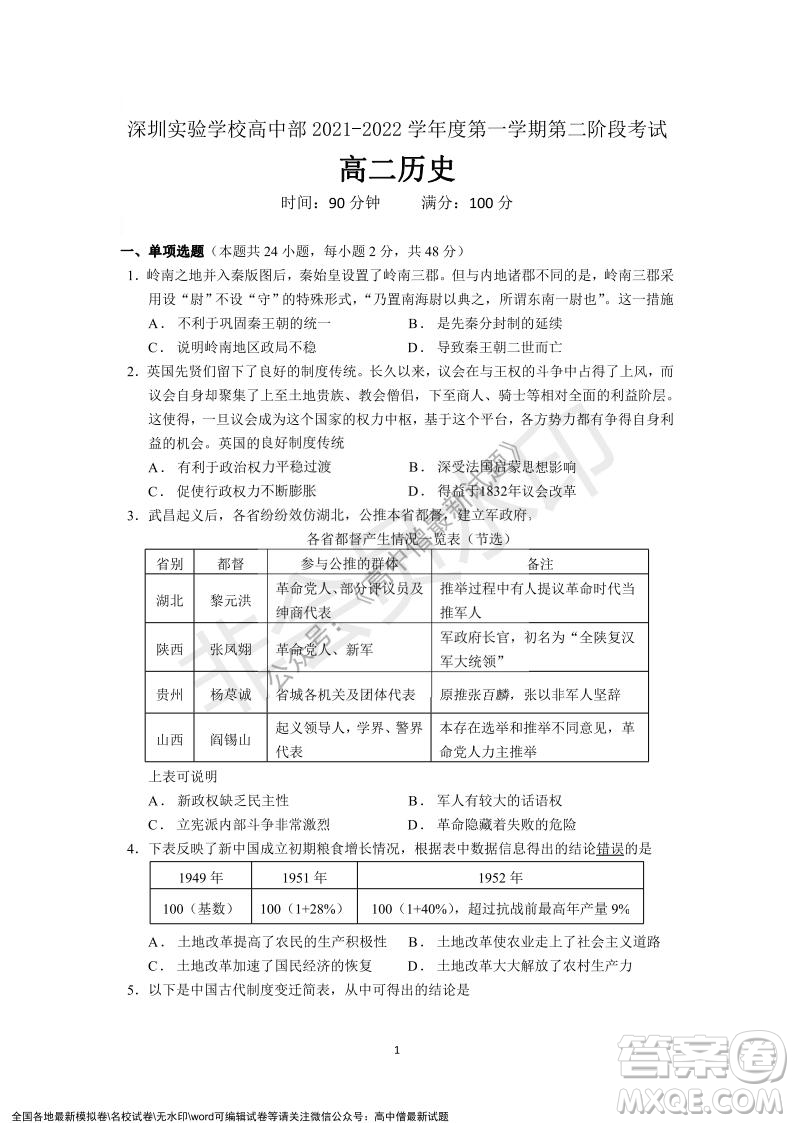 深圳实验学校高中部2021-2022学年度第一学期第二阶段考试高二历史试题及答案