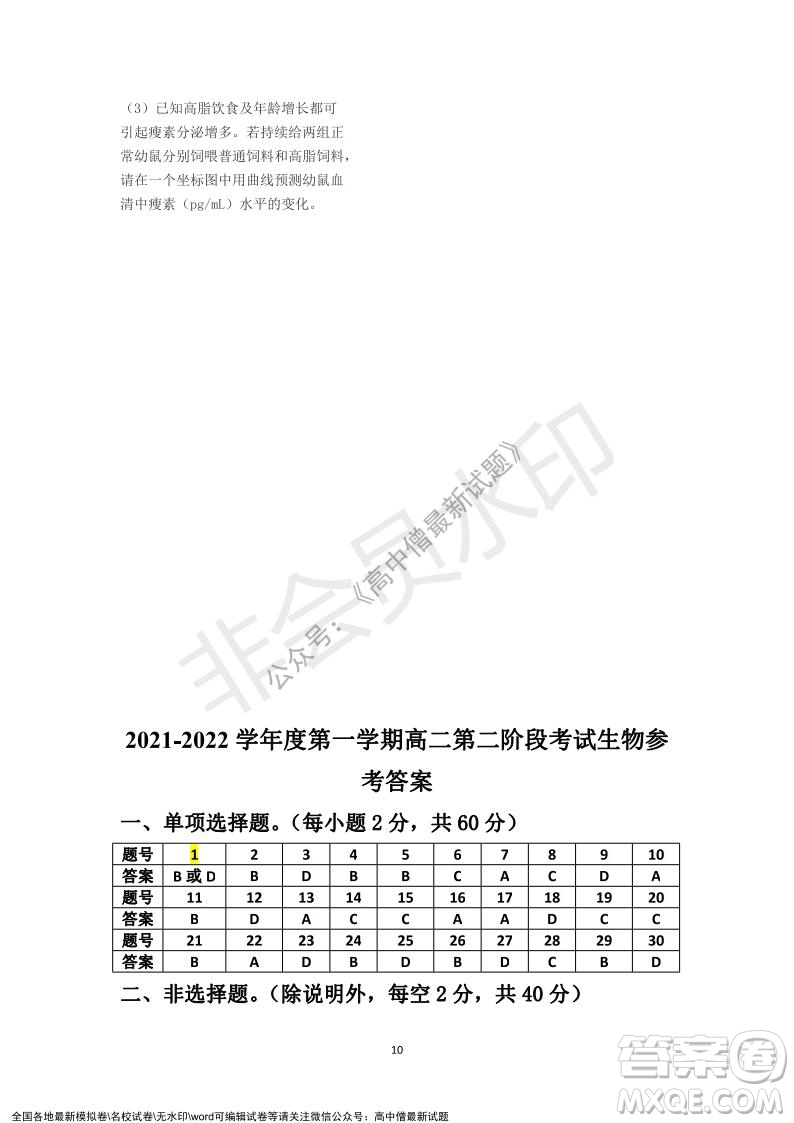 深圳实验学校高中部2021-2022学年度第一学期第二阶段考试高二生物试题及答案