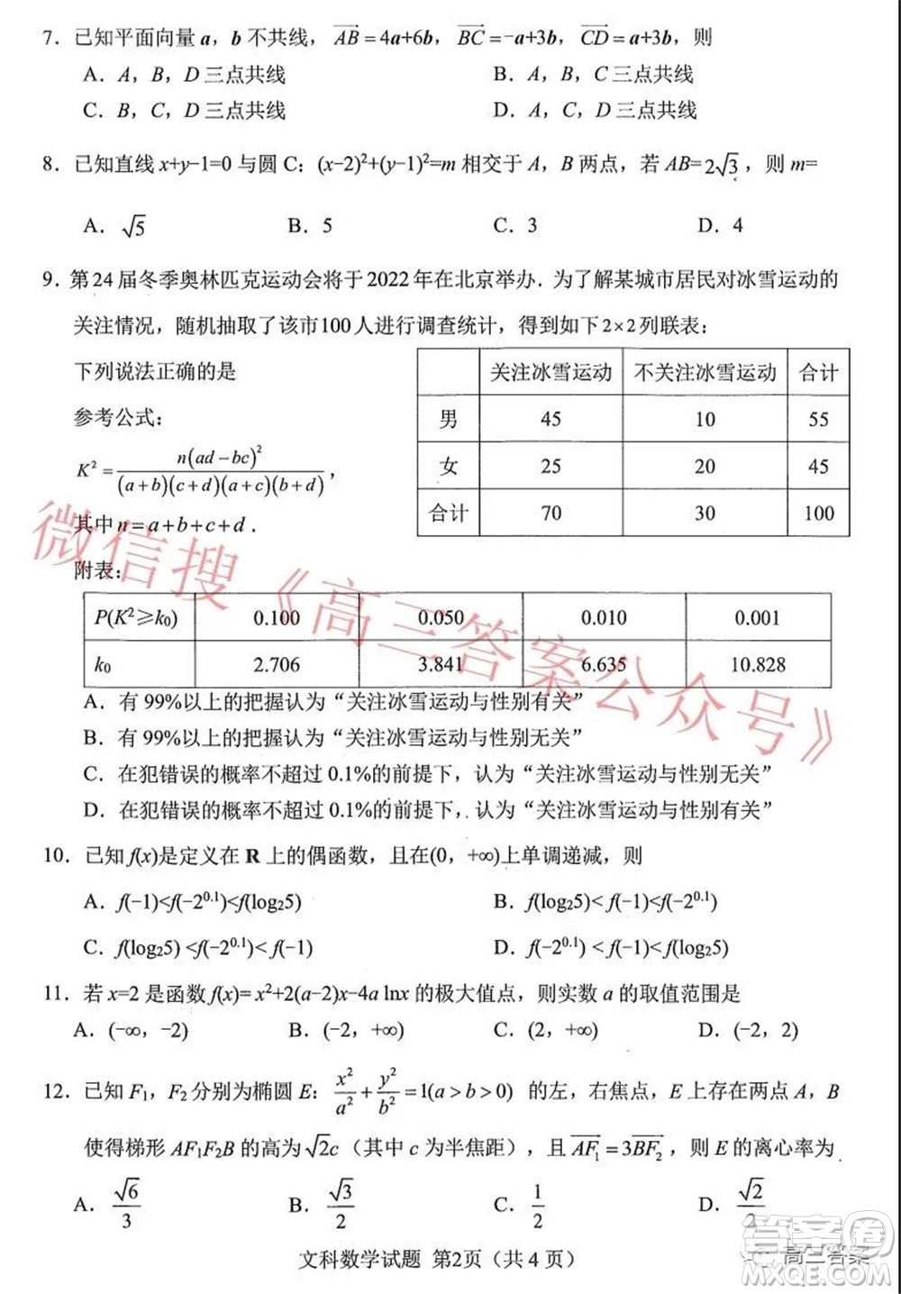 绵阳市高中2019级第二次诊断性考试文科数学试题及答案