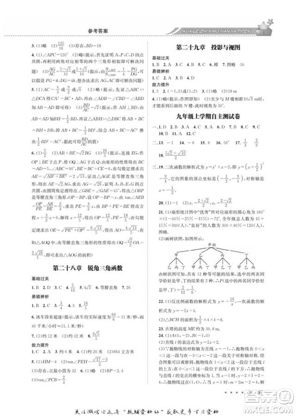 四川师范大学电子出版社2022快乐之星寒假篇九年级数学人教版参考答案