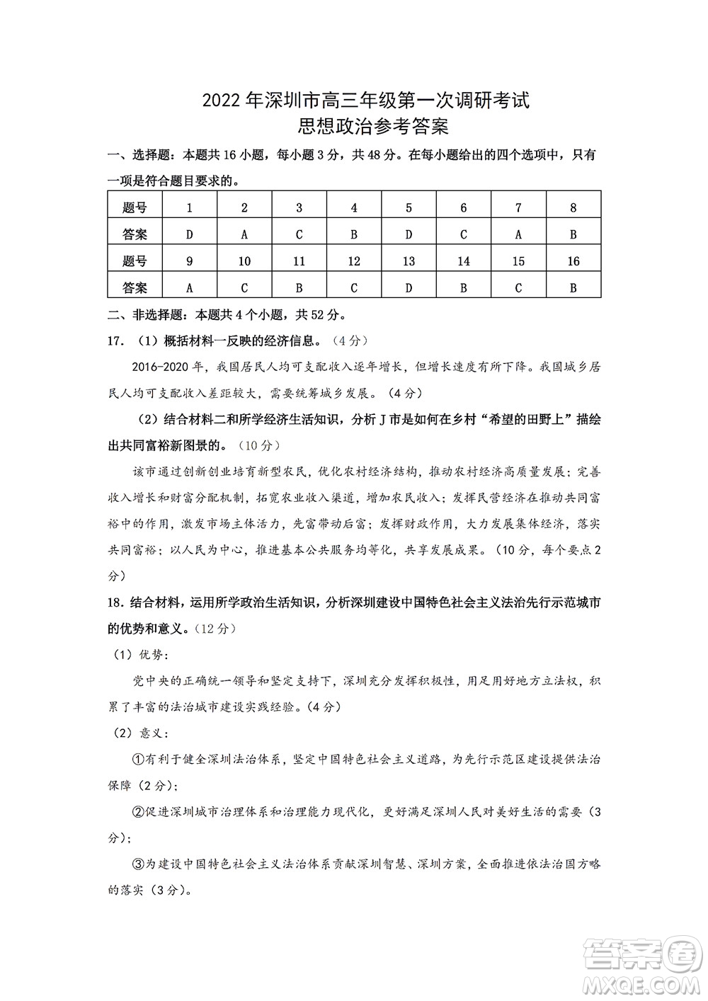 2022年深圳市高三年级第一次调研考试思想政治试题及答案