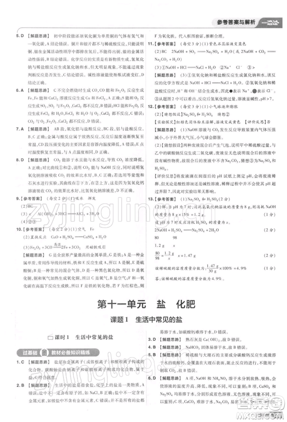 南京师范大学出版社2022一遍过九年级化学下册人教版参考答案
