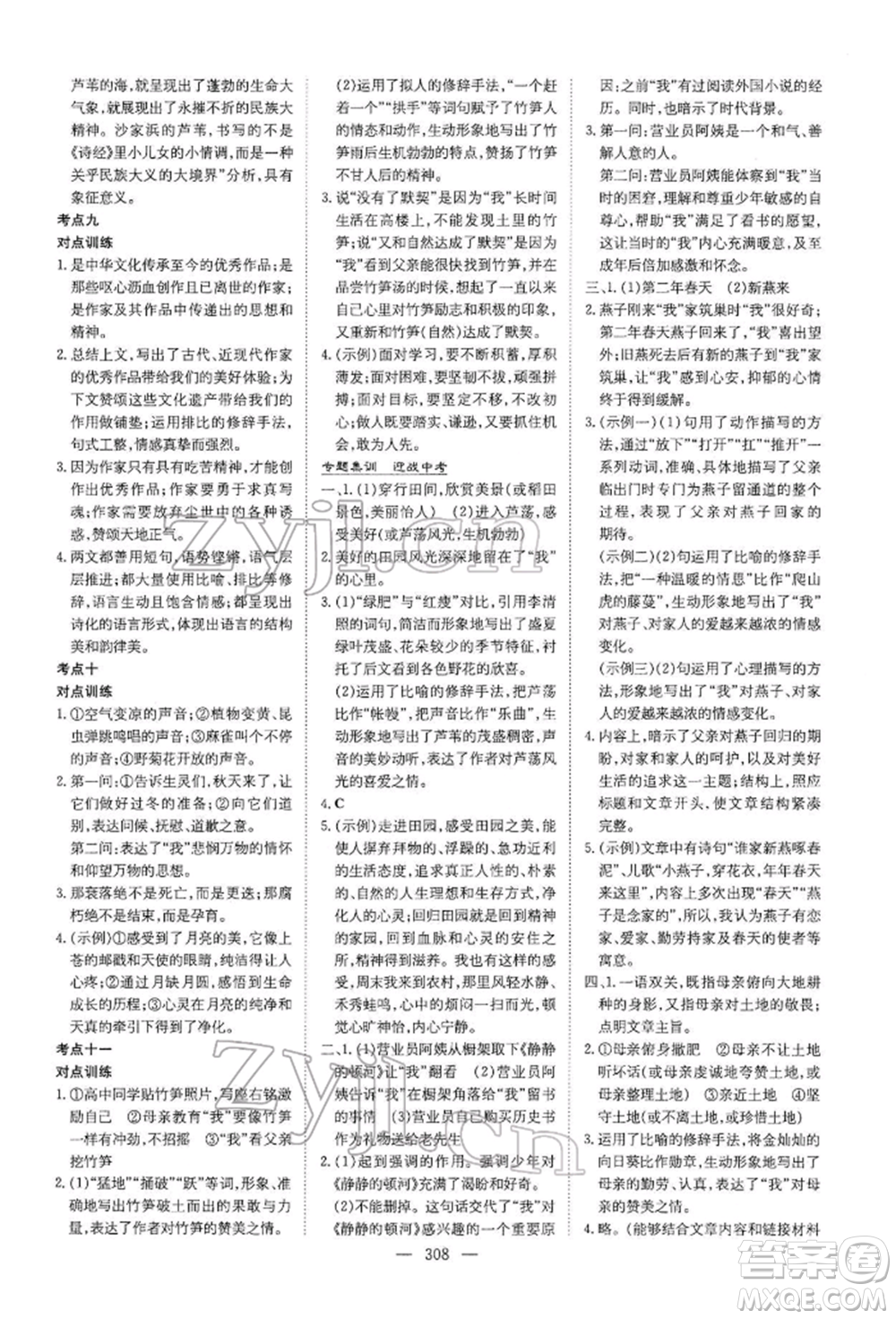陕西人民教育出版社2022初中总复习导与练语文通用版内蒙古专版参考答案