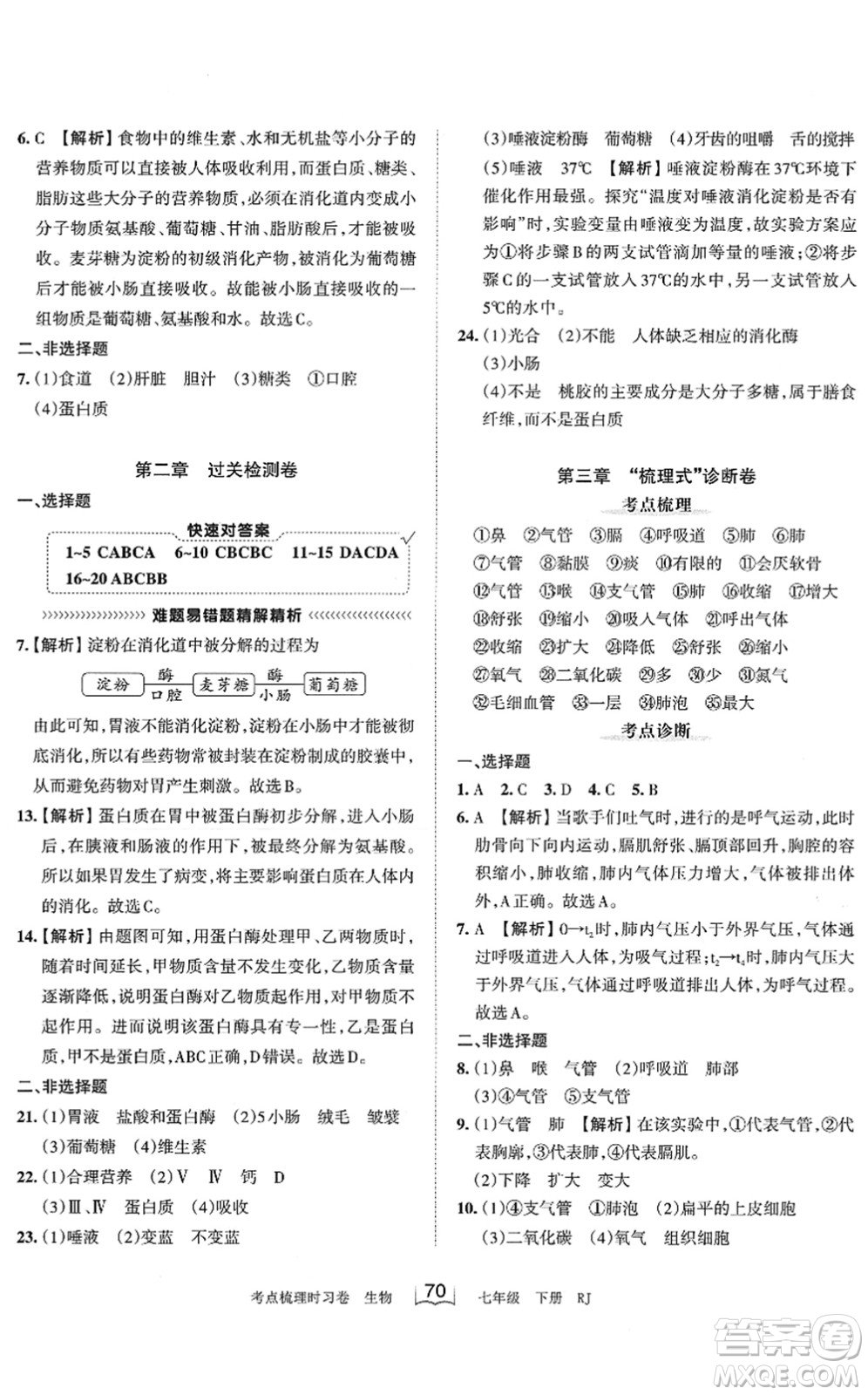江西人民出版社2022王朝霞考点梳理时习卷七年级生物下册RJ人教版答案