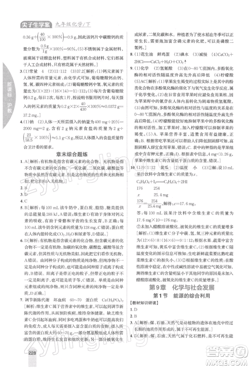 吉林人民出版社2022尖子生学案九年级下册化学沪教版参考答案